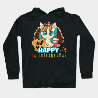 Happy HalloThanksMas Unicorn Funny Halloween Christmas Thanksgiving Hoodie